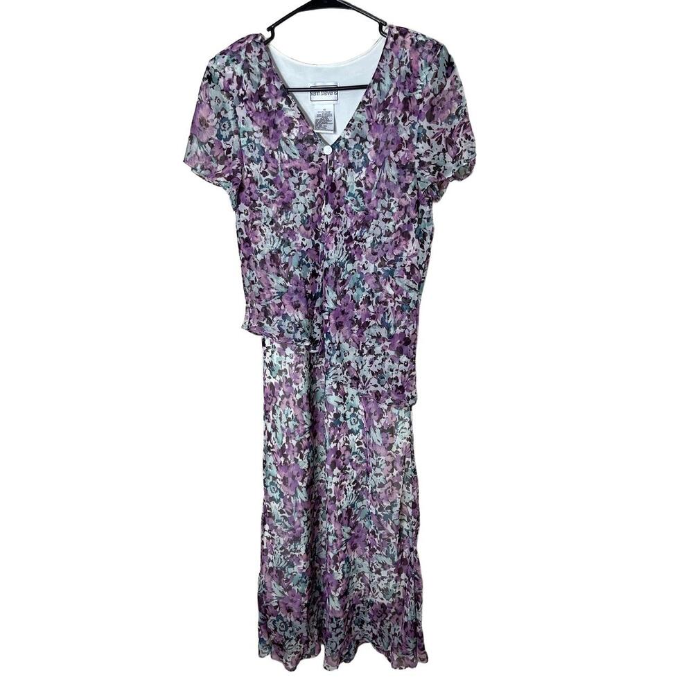 Karin Stevens Dress Size 10 Purple Maxi Vintage Floral Short Sleeve 90s Y2K